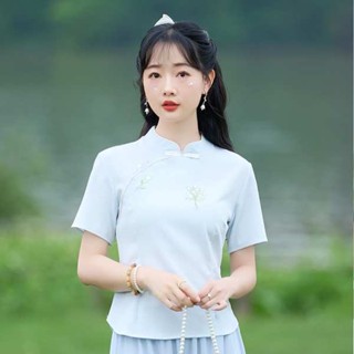 原住民服飾 初色 服飾 繡花漢服女 2023新款夏季短袖立領唐裝上衣女中國風改良旗袍兩件套採耳茶藝服