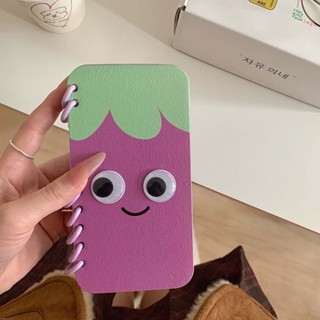 可愛茄子企鵝 For iPhone 16ProMax 15ProMax 翻蓋手機殼 13 14ProMax 卡片收納槽軟