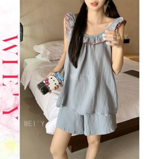 🌸WIE' Y🌸「夏季可愛睡衣」兩件式睡衣 ins風薄款荷葉邊少女吊帶睡衣 韓國家居服 睡衣套裝 夏天睡衣 女生睡衣