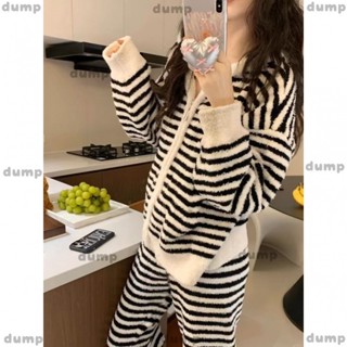 臺灣出貨⭐dump[]韓國連帽條紋珊瑚絨睡衣女 鼕季ins新款居傢服 慵懶休閒保暖半邊絨傢居服兩件套裝 可外穿