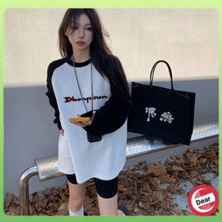 【Dear】插肩袖撞色長袖T恤女中長款時尚上衣秋季新款寬鬆顯瘦打底衫