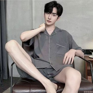 現款免運 高檔男士睡衣雲朵棉紗感柔軟夏季短袖短褲簡約寬鬆大碼薄款居家服 大尺碼睡衣 加大男士睡衣 夏天男睡衣HSY