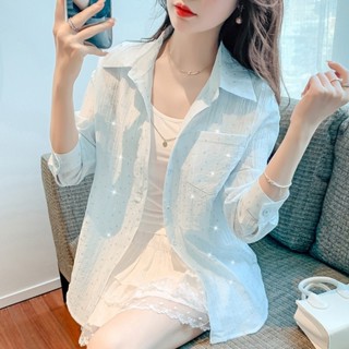 現貨速發#韓版上衣 女生著裝時尚亮片防曬衣女夏季2025新款甜美寬鬆休閒襯衫外穿薄款長袖上衣長袖上衣