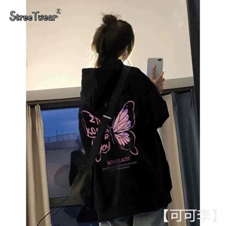 【可可李】大學T法式 連帽拉鏈開衫 衛衣外套女 蝴蝶印花寬鬆休閒 oversize薄款刷毛帽t外套