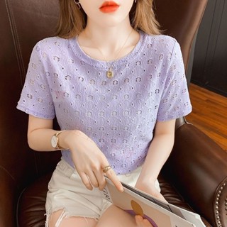 夏季韓版新款時尚顯瘦圓領小眾上衣氣質百搭短袖T恤蕾絲衫女