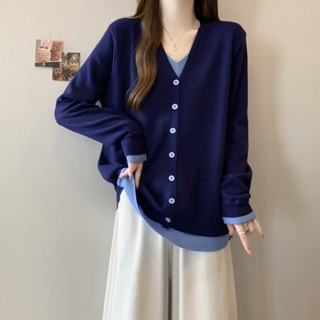 M-4XL 韓版甜美減齡假兩件針織上衣 修身寬鬆顯瘦上衣 大尺碼女裝 秋天女裝 梨形身材 遮肉遮肚子上衣