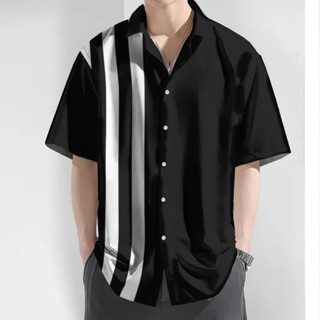 2024 3d條紋印花男士襯衣夏季休閒短袖上衣寬鬆大碼夏威夷襯衫男速幹男裝