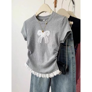 COCO服裝館🐱純棉210克蝴蝶結蕾絲短袖t恤女正肩短款收腰上衣★