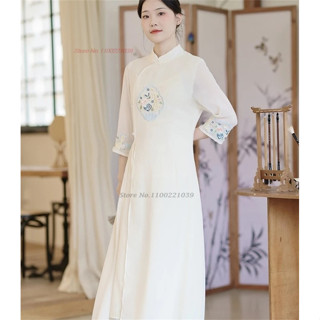 傳統女裝奧黛旗袍套裝東方花朵刺繡漢服連衣裙