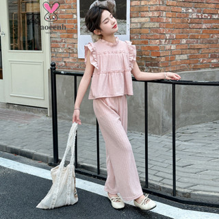 【YAOEENH】120-170CM 夏季女童飛袖素色公主套裝 中大童洋氣 素色上衣兩件套 現貨 快速出貨