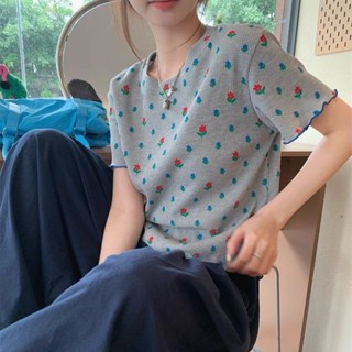 《現貨下單》夏季新款設計感小眾緊身正肩顯瘦短袖T恤女純欲風辣妹圓領上衣ins短袖上衣藏肉短袖刺繡上衣短袖洋裝中國風上衣