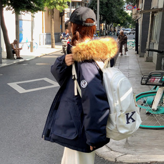 【HOT 本舖】 藏藍色工裝羽絨服派克服女短款小個子冬季毛領加厚外套韓系