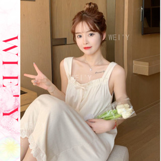 🌸WIE' Y🌸「韓國家居服」吊帶睡裙 可愛睡衣 夏季薄款可外穿純色蕾絲邊裙子 睡衣裙 女生睡衣 連身睡衣 夏天睡衣
