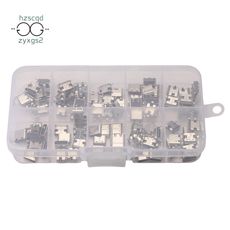 100 件/批 10 型號 Type-C USB 充電底座連接器混合 6Pin 和 16Pin 用於手機和數字產品維修套