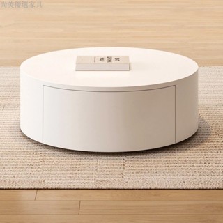 免運 圓形茶几 北歐白色茶几 奶油風茶几 小戶型家用茶几 客廳茶几 客廳桌 圓形雙抽實木多層茶幾 桌 實木茶幾
