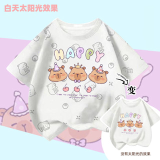 25-04 新品發佈 ALLL夏季爆款卡皮巴拉紫外線太陽光變純棉兒童短袖中大男女童T恤上衣