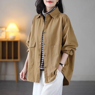 Xuan.選 官方圖斜紋外套女文藝寬鬆大碼顯瘦休閒百塔風衣韓版鞦季長袖襯衣