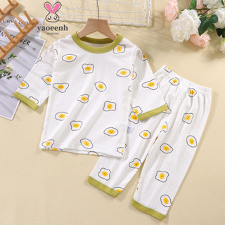 【YAOEENH】80-160CM 夏季男女童卡通純棉家居服 中大童七分袖提花空調套裝 現貨 快速出貨