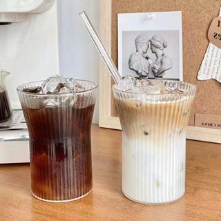 高品質 INS風格條紋咖啡杯透明玻璃杯日式豎條紋水杯