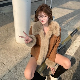 【HOT 本舖】 SUNIRIROR 原創設計美拉德復古棕色毛毛外套女秋冬短款牛仔棉服
