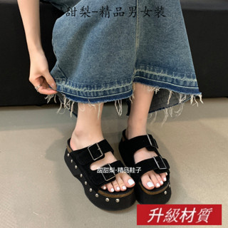 34-42碼大尺碼女鞋韓版厚底增高一字帶拖鞋勃肯鞋拖鞋復古增高鬆糕鞋一腳蹬懶人鞋羅馬涼拖鞋大碼414243拖鞋