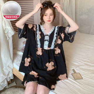 涼感睡衣 韓國居家服 情侶睡衣 帶胸墊睡衣女夏季純棉短袖褲卡通小熊加肥加大尺碼300斤家居服套裝