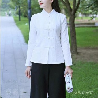 a849 白色盤扣上衣女中國風唐裝中式女裝棉麻禪服民國風短版改良寬鬆長袖【安貝諾】