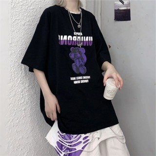 《現貨下單》黑色小熊短袖t恤女ins女潮上衣寬鬆中長款酷酷風格女裝暗黑系情侶寬鬆 t恤大尺碼上衣長版t恤女t恤短袖