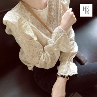【H Kun】洋氣喇叭袖花邊蕾絲衫女春季新款複古甜美長袖蕾絲上衣ins潮T