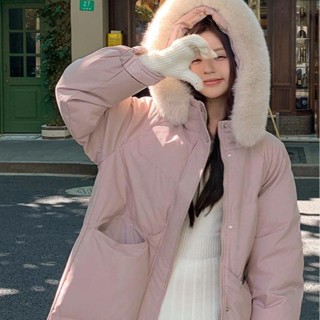【HOT 本舖】 實拍2024新款連帽加厚中長款大毛領羽絨棉服女顯瘦外套冬季