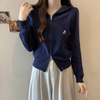 實拍大碼雙拉鏈衛衣開衫女連帽長袖外套秋季美式短款寬鬆顯瘦上衣