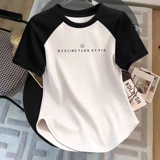 {現貨下單}【店鋪熱銷】短版圓領短袖T恤女小眾印花寬鬆顯瘦ins上衣夏季韓版別緻正肩體恤