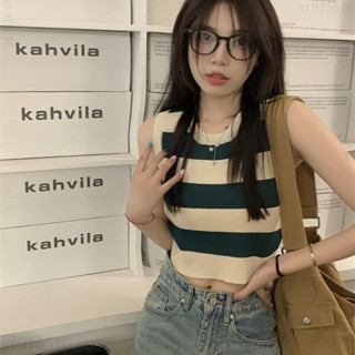 寬條紋背心 chic小吊帶背心女 夏季修身短款馬甲 辣妹外穿百搭無袖上衣 女潮流背心 俏皮可愛外穿女生上衣