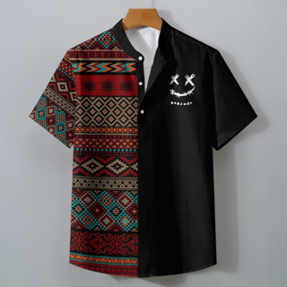 新款夏季東盟民族風襯衫男士立領短袖上衣3D傳統印花復古衣服休閒寬鬆透氣速乾大碼男士亨利襯衫