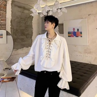 歐美復古中世紀宮廷風蓬袖上衣舞臺話劇表演服純色綁帶襯衫男歐美復古中世紀宮廷風泡泡袖上衣bj265d.ph