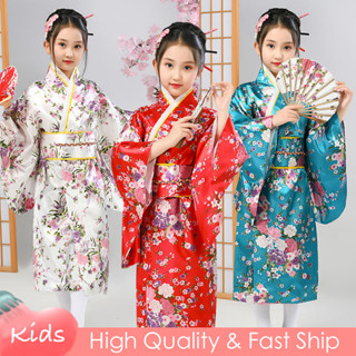 日本傳統和服兒童女孩櫻花浴衣花袍紅色白色萬聖節表演國慶服裝