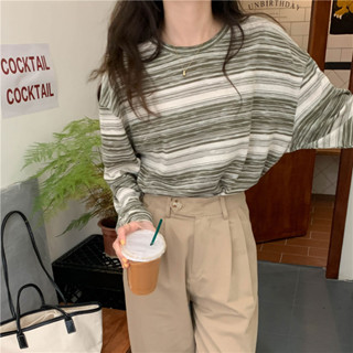 2024年早春秋季內搭打底衫寬鬆辣妹洋氣條紋長袖T恤女裝上衣25.04.15