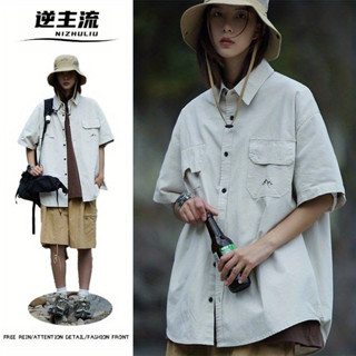 【逆主流】日系復古工裝襯衫 美式水洗 純棉短袖襯衫 小眾設計款襯衫 戶外機能襯衣 短袖上衣 口袋襯衫