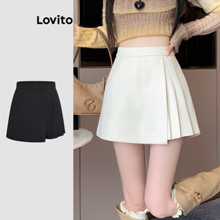 Lovito 女士休閒短褲素色褶皺不對稱短褲 LNE38203 （米白色/黑色）
