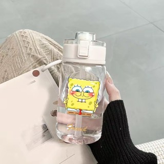 『臺現』100%正品 海綿寶寶水壺 水瓶 隨手杯新款簡約透明超萌可愛輕巧便攜防摔大容量塑膠水壺