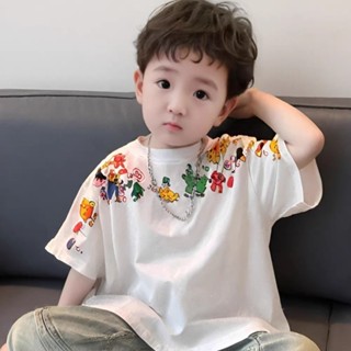 米粒BOYS 新款兒童童裝夏季新款純棉短袖男童中兒童寬鬆上衣卡通印花洋氣T恤潮