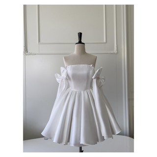 h09286700 白色生日洋裝法式復古蝴蝶結抹胸禮服新款蓬蓬裙弔帶小禮服生日派對婚宴會洋裝