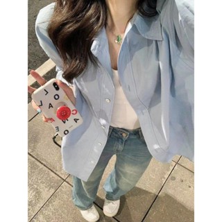 【人收藏】高階感藍色POLO領長袖襯衫外套女秋季寬鬆休閒小外套襯衫中長款上衣