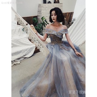 [菜菜]新款金灰宮廷風蓬蓬裙一字領晚宴年會晚禮服新娘齣門紗春酒尾牙洋裝 短袖 上衣 法式上衣 小香風上衣 韓系ins女裝