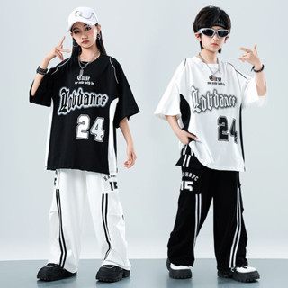 現貨 100-175cm 男童短袖套裝 街舞服裝 帥氣女童小學生夏季嘻哈表演服 韓版少兒hiphop走秀表演服潮AM2