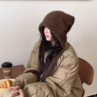 秋冬保暖毛線帽斜跨包針織時尚海藍帽羊毛混紡慵懶綁帶堆堆帽兜帽包包帽子 保暖帽 可愛帽子 雷鋒帽 護耳帽 帽子包