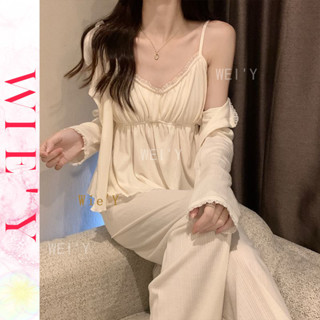 🌸WIE' Y🌸 「帶胸墊睡衣」三件式睡衣 夏季薄款小香風花邊睡衣女 日本家居服 棉質睡衣 睡衣套裝 長袖睡衣 吊帶睡衣