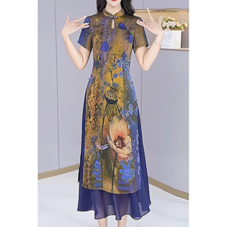 新中式貴夫人輕奢改良旗袍媽媽洋裝大尺碼遮肉名媛過膝裙子夏20250410