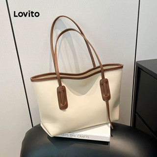 Lovito 休閒素色拼色大容量簡約復古通勤上班單肩托特包女士包 LFA76005