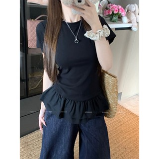 貝拉bella 正韓女裝👑MR【人棉】法式荷葉花邊下擺拼接白色短袖t恤女夏季修身正肩上衣🌼